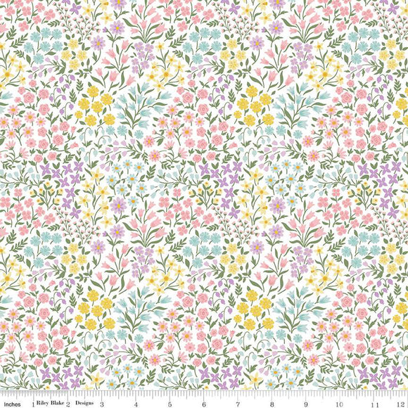 Bunny Trail Spring Floral C14253-WHITE by Dani Mogstad for Riley Blake Fabric- 1/2 YARD