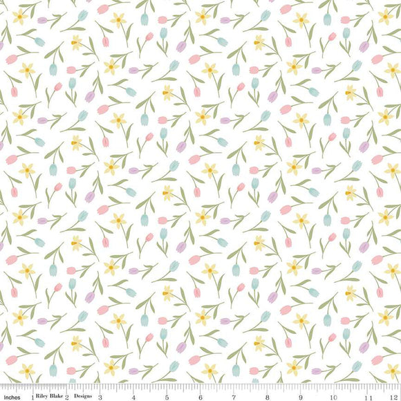 Bunny Trail Tulip Toss C14254-WHITE by Dani Mogstad for Riley Blake Fabric- 1/2 YARD