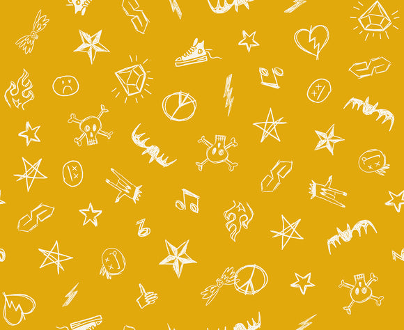 Teddy And The Bears Groupie Doodles Goldenrod RS2104 14G by Sarah Watts for Ruby Star Society- Moda- 1/2 yard