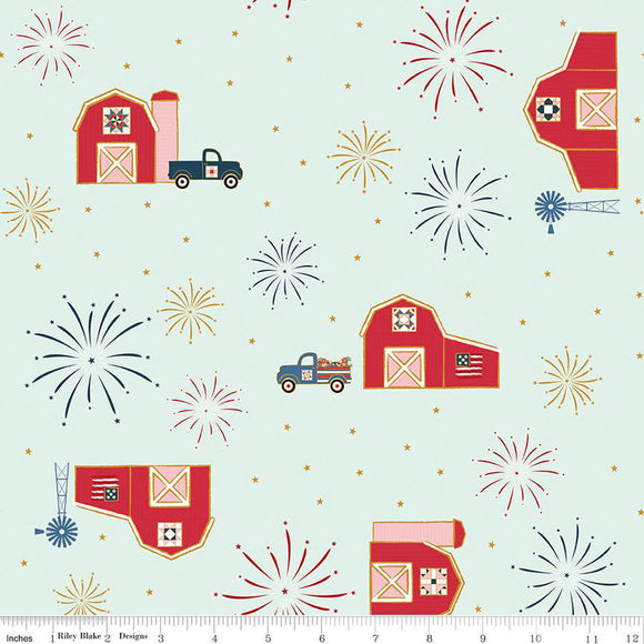 Sweet Freedom Barns Bleached Denim Sparkle SC14411-BLEACHED DENIM by Beverly McCullough for Riley Blake Designs -1/2 yard