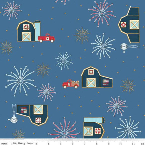 Sweet Freedom Barns Denim Sparkle SC14411-DENIM by Beverly McCullough for Riley Blake Designs -1/2 yard