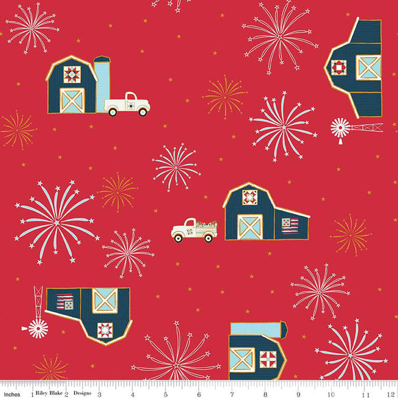 Sweet Freedom Barns Red Sparkle SC14411-RED by Beverly McCullough for Riley Blake Designs -1/2 yard