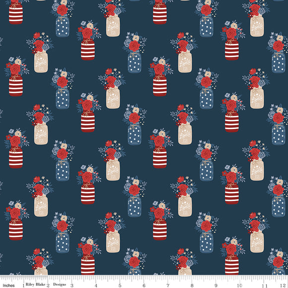 Red, White and True Vases C13182-NAVY  by Dani Mogstad for Riley Blake Fabric- 1 Yard