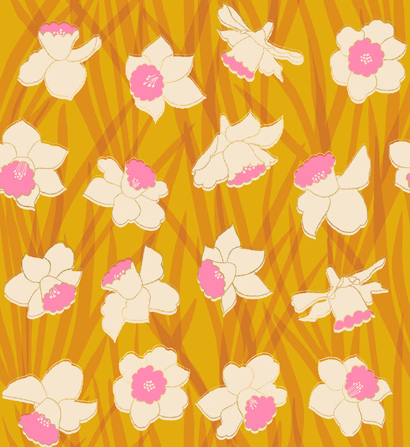 Reverie Daffodils Metallic Goldenrod RS0049 11M by Melody Miller for Ruby Star Society- Moda- 1/2 Yard